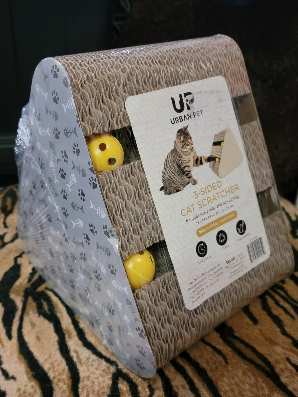 Cat Cardboard Scratcher 3-Sided W Balls New Ea.